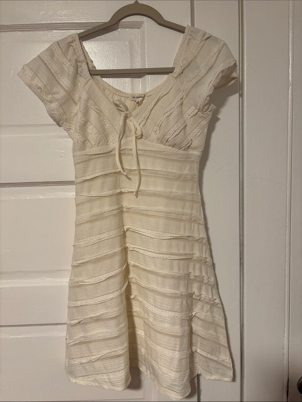 White Textured Mini Dress with Tie Front